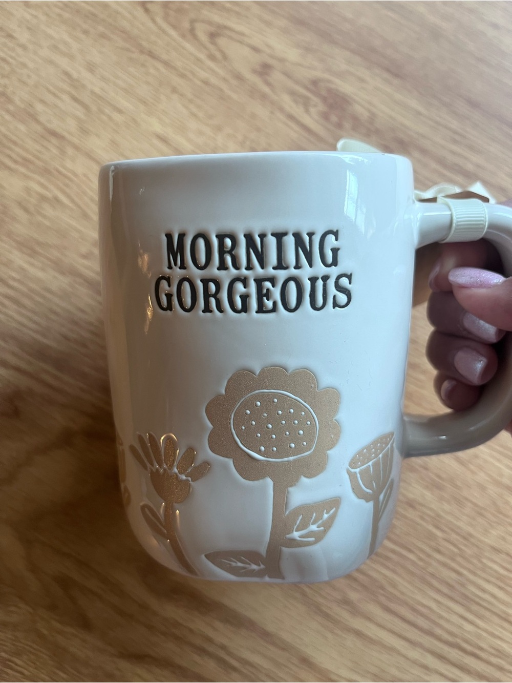 Rae Dunn White Mug with Gold Floral Accents and 'Morning Gorgeous' Text